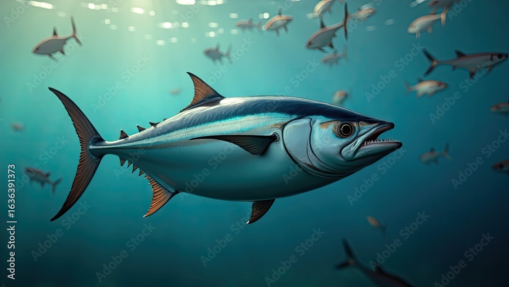 Obraz premium A tuna fish swims in the deep blue ocean.