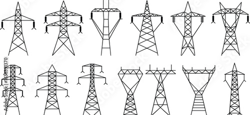 Various electrical transmission towers, power line structures, high voltage pylons, energy infrastructure, industrial engineering, electricity distribution, utility 