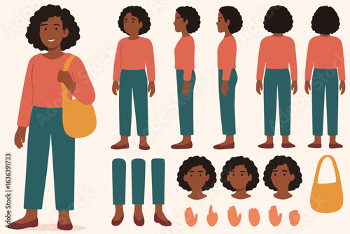Teenage girl character constructor for animation with front side and back views featuring a shopper bag and various body parts postures and poses for creative design