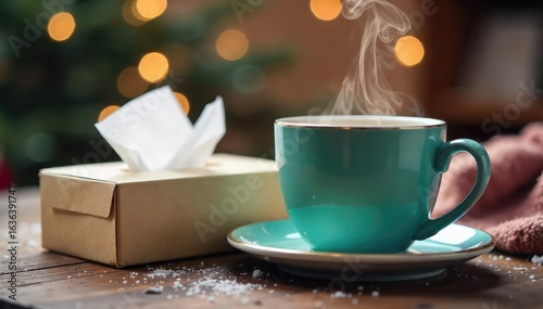 A close-up shot of a steaming mug beside a box of tissues, suggesting a remedy for a winter cough Perfect for blog posts or articles about winter health and wellness , autumn, tea