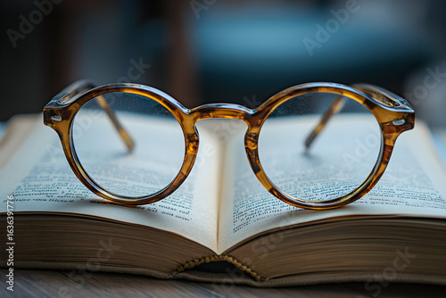 Naklejka Round tortoiseshell glasses resting on an open book.