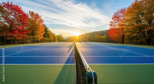 Pickleball court at sunrise with autumn trees surrounding area creating peaceful and vibrant outdoor sports setting