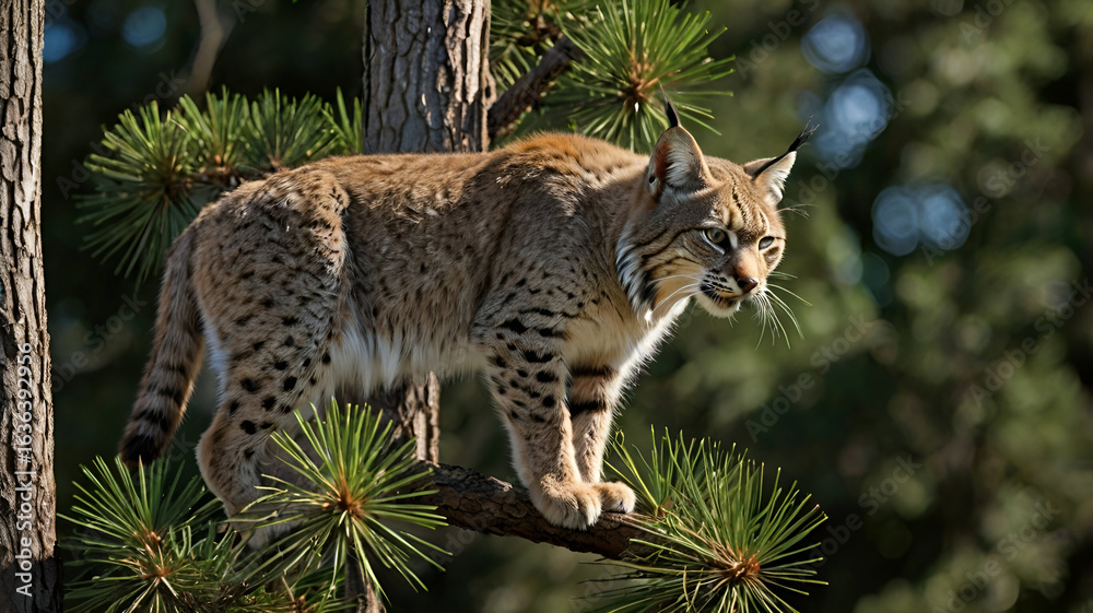 Fototapeta premium With strong claws gripping bark, the Bobcat climbs quickly into the pine’s branches