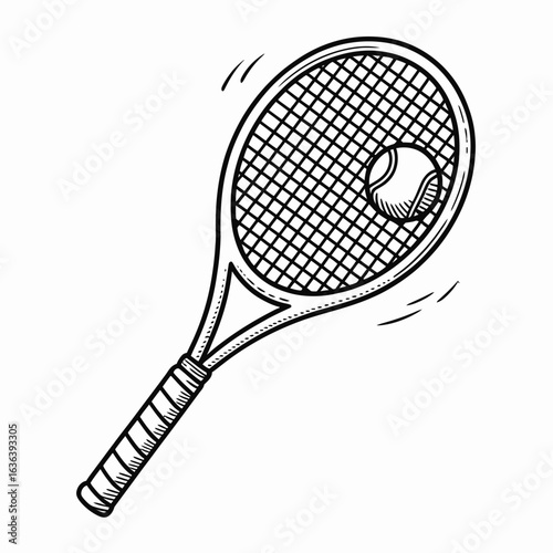 Tennis racket and ball sketch isolated on white background