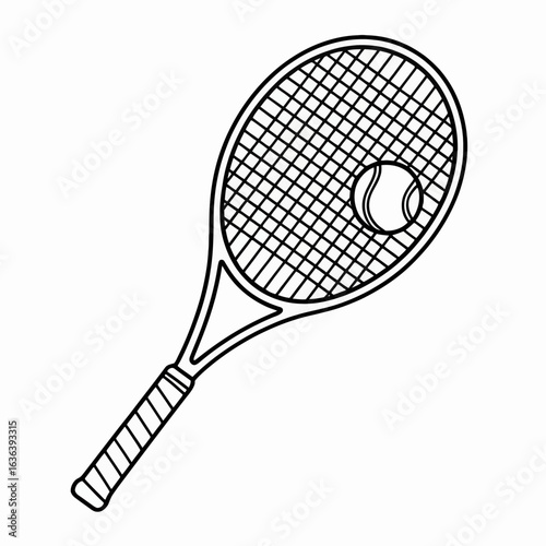 Tennis racket and ball drawing isolated on white background