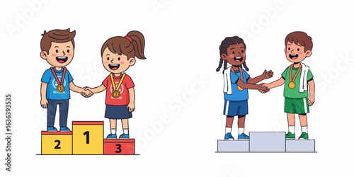 Flat Illustration Children Handshake on Podium with Gold Medal Competition