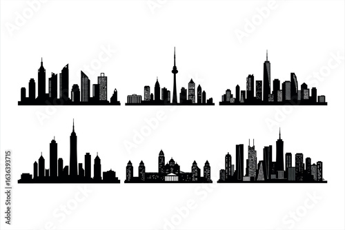 Six black and white city skylines with varied building silhouettes and textures urban architecture
