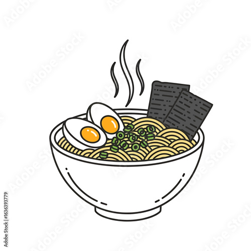 Steaming bowl of ramen with sliced eggs, scallions, and nori seaweed sheets