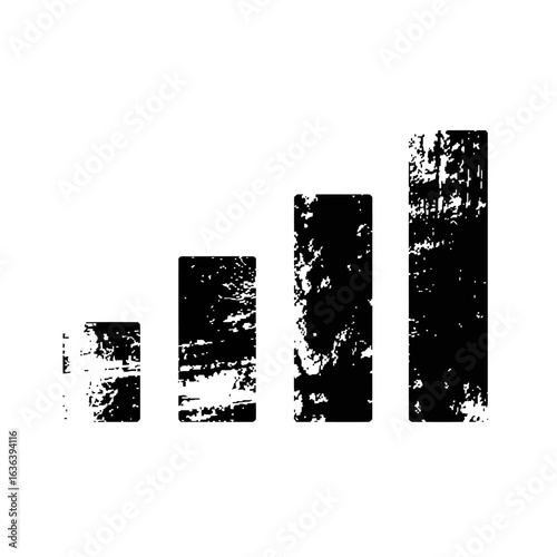 Grunge distressed bar chart icon showing business growth and statistical progress. Vector illustration of a rising graph with a rough, weathered texture.