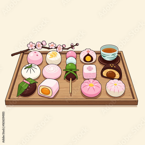 Assorted Japanese Wagashi Sweets on Wooden Tray with Tea and Cherry Blossom Branch