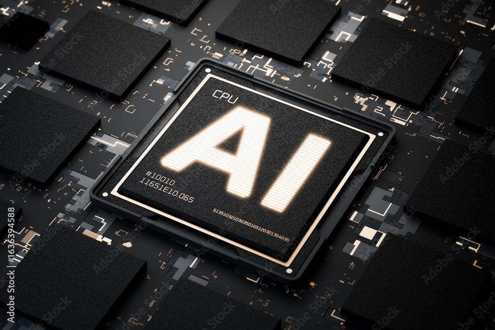 Naklejka premium Artificial intelligence chip. AI for robot control. Robotics. Mind. AI. Artificial intelligence generates content. Artificial intelligence will replace humans. AI writes program code. 3D render.