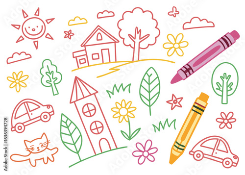Happy kids’ crayon drawing seamless background featuring cheerful summer scenes of houses, rainbow, sun, flowers, cats, trees, and clouds. Perfect vector pattern for school and baby rooms.

