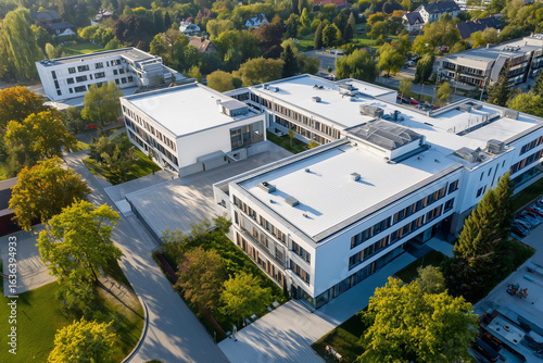 Top view school building with geometry design, Aerial view school building, Exterior international school building design.