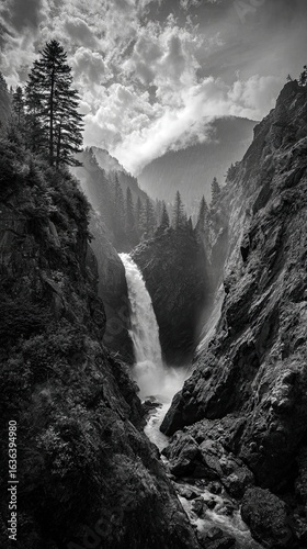 Black and white waterfall canyon scene