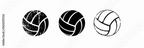 Set of three volleyball icons in different graphic styles grunge texture, solid black silhouette, and simple line art outline.