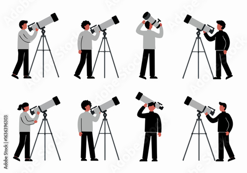 Diverse set of simplified character illustrations showcasing individuals of different ages and genders engaged in stargazing and astronomical observation using telescopes.