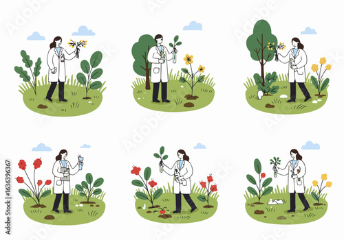Botanists and agricultural scientists conduct various plant research and cultivation experiments in outdoor natural environments, exploring plant growth and environmental science.