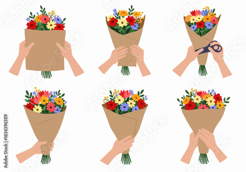 Hands holding and arranging colorful flower bouquets in craft paper, illustrating the process of gift preparation and floristry.
