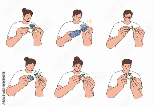 Jewelry Making Process: Artisans Crafting and Setting Diamonds into Rings, Illustrating Skillful Repair and Creation Steps.