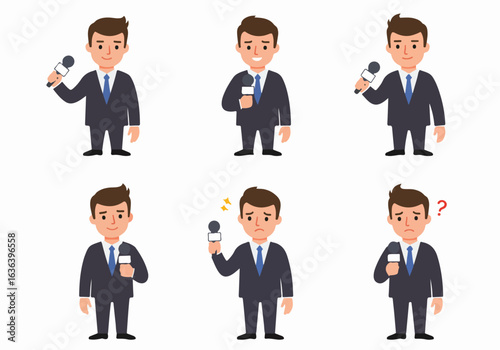 Cartoon journalist with microphone in various poses and expressions, depicting media, news, and reporting situations.