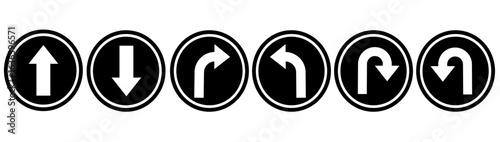 U Turn Left and Right Black Arrow Sign Direction Icon Set. Direction icon set. Go straight, this way, one way only U turn, left and right arrow. Vector Image. Isolated on a white background.
