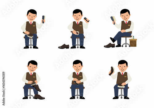 Illustrations of a smiling shoeshiner cleaning and polishing shoes, demonstrating the process with various tools in a cheerful, professional manner.