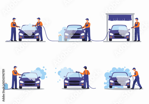 Professional Car Wash Service Stages: Workers Cleaning and Detailing a Vehicle with Soap and Water, Flat Design Illustration.