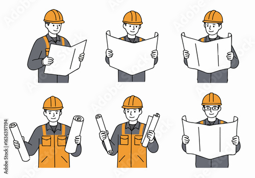 Cartoon male engineers or construction workers in hard hats holding blueprints and plans, depicting architecture, building, and engineering concepts.