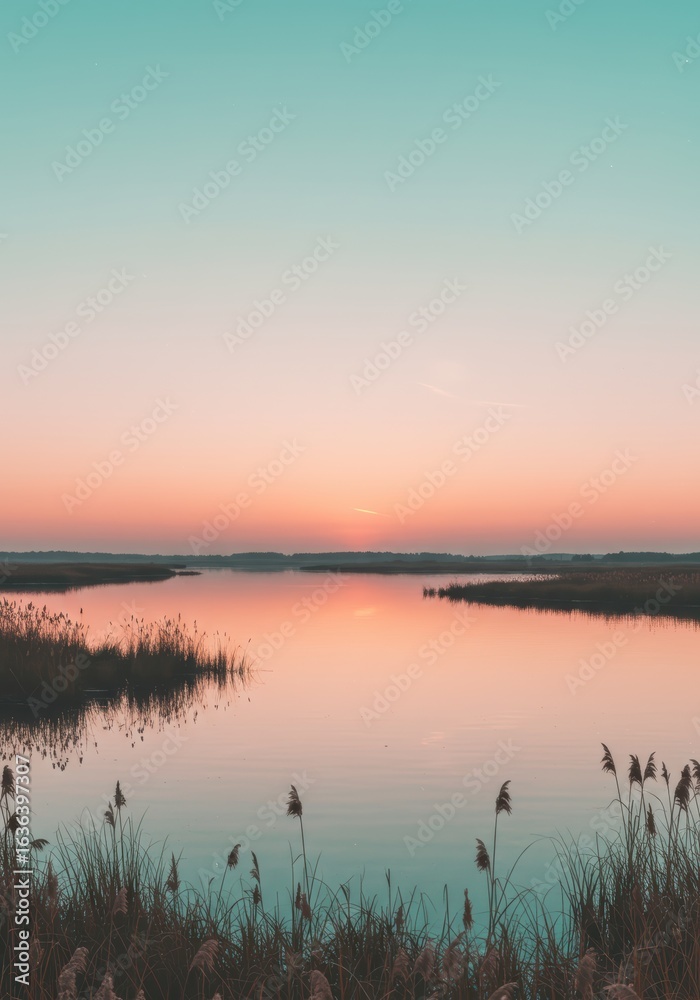 Obraz premium Tranquil sunset reflects on a calm river, with reeds in the foreground.