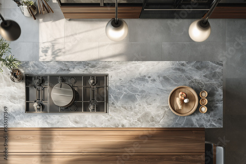 Top view modern kitchen design with functional layout, Minimal and modern design of kitchen in apartment, Contemporary kitchen with dining table and counter bar, Fine dining restaurant .