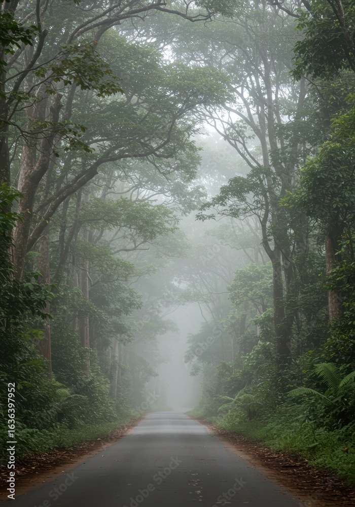 Obraz premium Misty forest road, dense trees arching over a paved path, tranquil atmosphere.