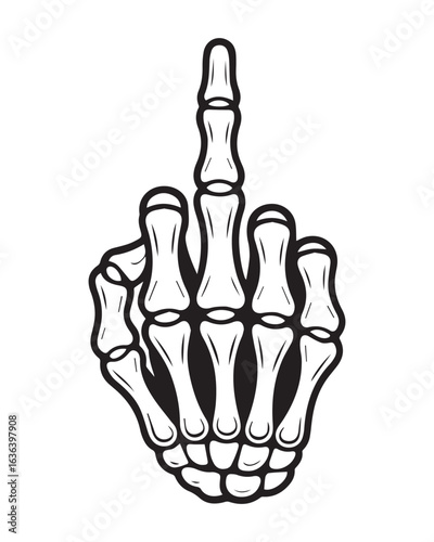 Skeleton Hand Giving Middle Finger Gesture – Black and White Bone Illustration

