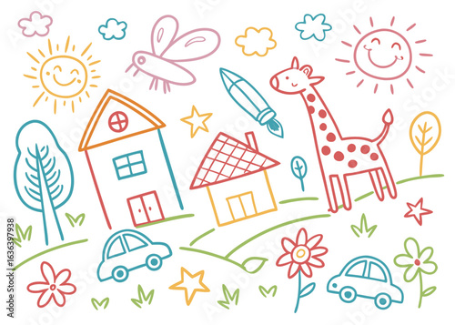 Colorful childlike crayon doodle seamless pattern featuring cheerful houses, rainbow, sun, flowers, cats, trees, and clouds. Perfect vector background for nursery, preschool, and baby products.

