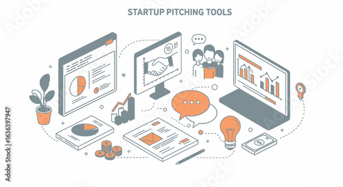 Isometric Illustration of Startup Pitching Tools:  Screens Displaying Graphs, Handshake, Team, Documents, Lightbulb, and Currency