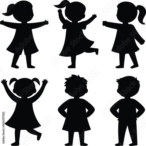 Six black silhouette children in various poses kids