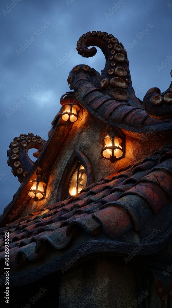 Obraz premium Fantasy house with octopus roof at dusk