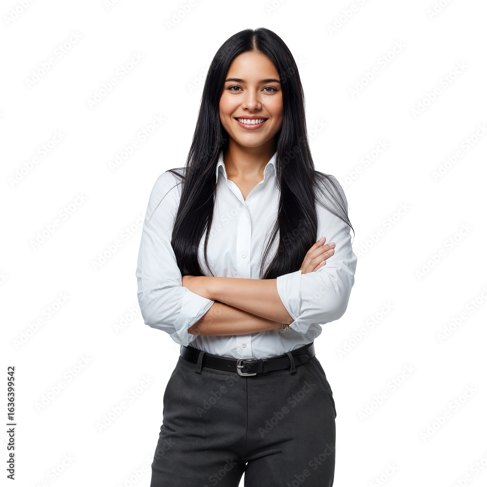 Confident young Asian businesswoman with arms crossed standing in white shirt on isolated transparent background Confident young Asian businesswoman with arms crossed standing in white shirt on isolated transparent background