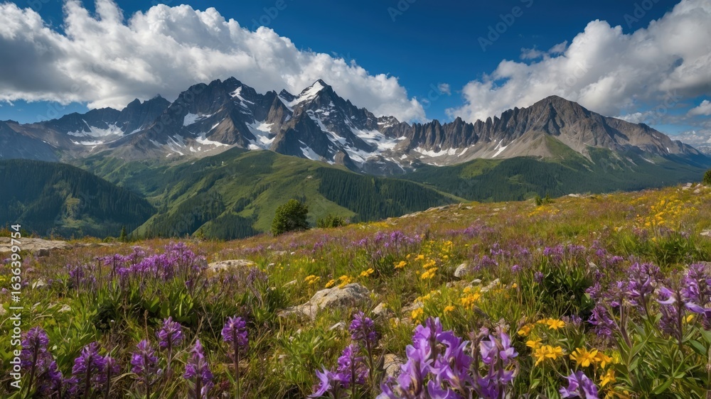 Fototapeta premium Lush alpine meadow with wildflowers and snow-capped mountains.