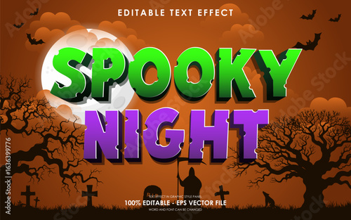Editable spooky night halloween text effect with orange Halloween theme background, gravestones, full moon