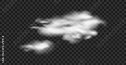 Realistic white cloud 3d on transparent background. Vector smoke, cotton wool, fog, steam, dust. Fluffy and airy cotton wool texture. Vector effect with transparency.