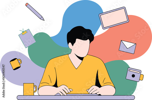 Remote Work and Freelancing Concept, Man Working at a Desk, with Floating Icons of an Envelope, Pen, Mug, and Tablet, Symbolizing a Creative Workspace