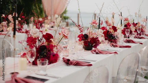 Luxurious wedding table decorated with vibrant red and pink floral arrangements, elegant glassware, and folded napkins, creating a romantic and festive celebration atmosphere.