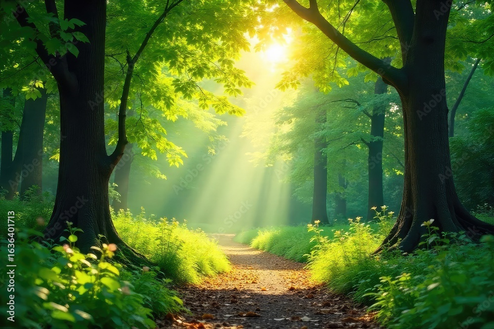 Obraz premium Dappled Sunlight Filtering Through Lush Green Forest Canopy Tranquil Nature Scene Perfect for Relaxation and Wellness Projects