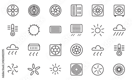 A stylish collection of weather-related icons, including air conditioning, fans, and temperature control, suitable for environmental and home design projects.
