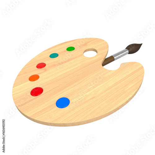 3D Wooden Artist Palette with Realistic Brush and Paint, transparent background