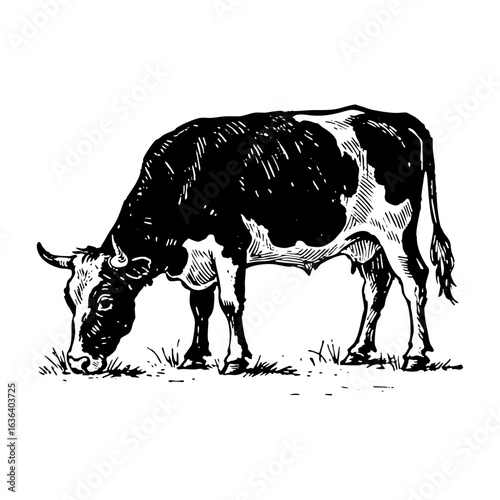 Antique engraved illustration from Cow grazing   	Vector black vintage engraving isolated on white