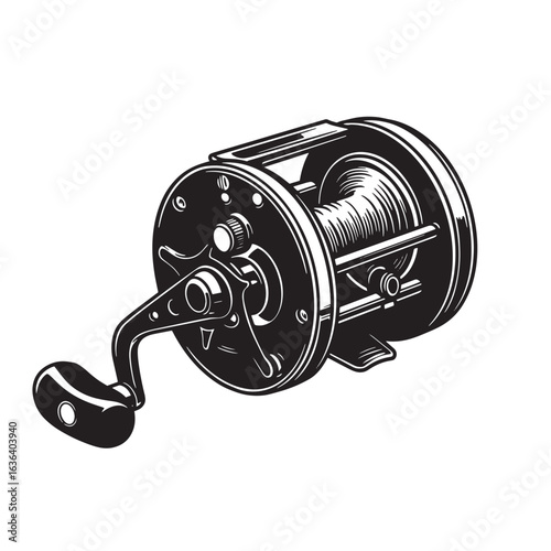 Black and white illustration of a fishing reel for angling recreation and sport