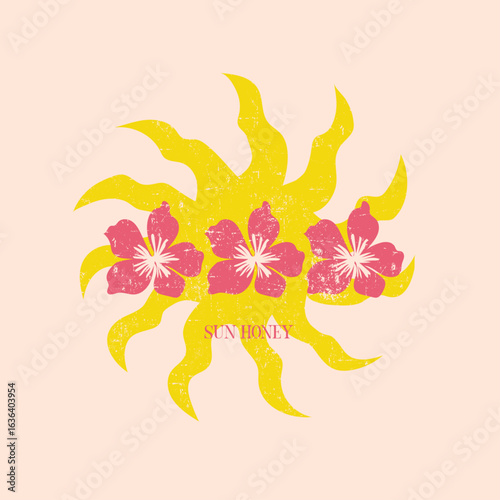 hand drown sun ,hand drown flower ,sun honey typography text. sun beach design. Sunset vintage t shirt artwork.