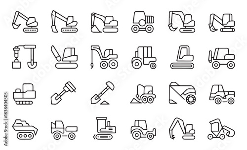 Set of icons depicting construction machinery for use in industrial, engineering, and building projects.