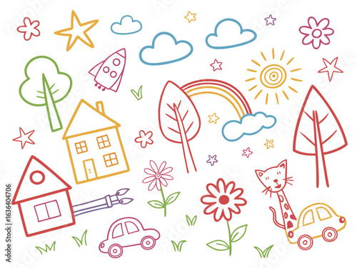 Seamless children’s vector background featuring hand-drawn rainbow, sun, cloud, flower, house, and animals. Cute crayon sketch illustration for baby room design or school posters.

